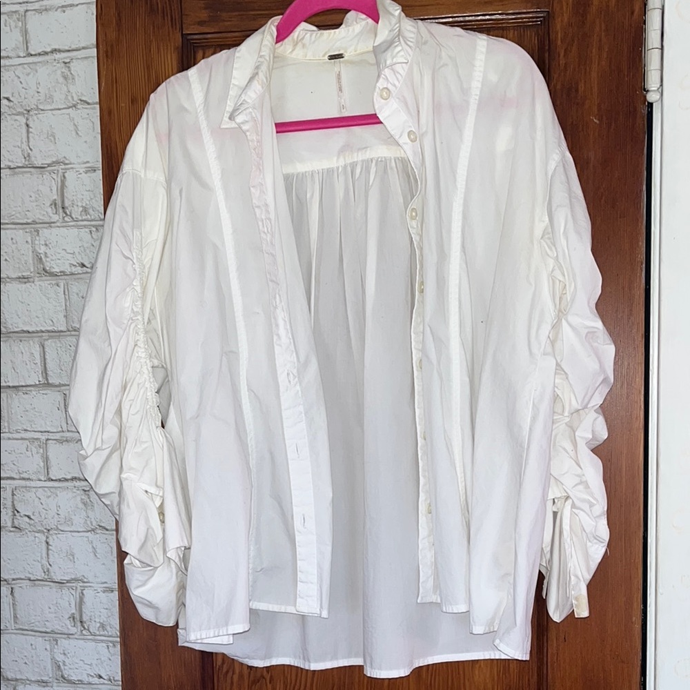 Free People White Ruffle Sleeve Button-Front Blouse